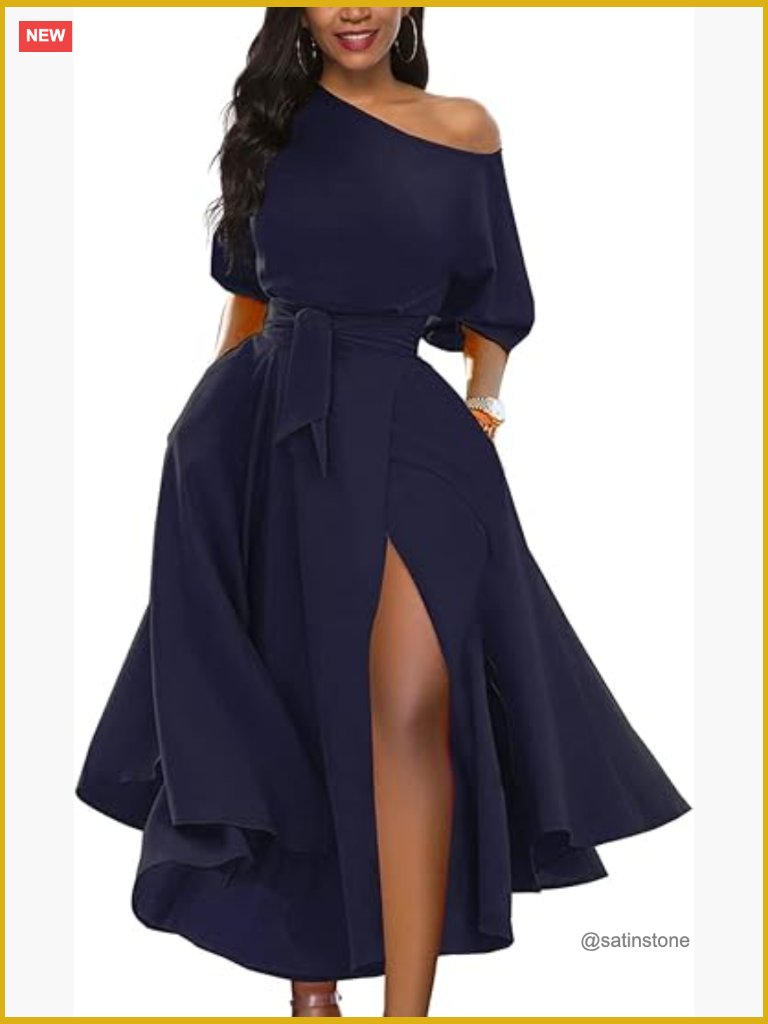 Off Shoulder Short Sleeve Belted Side Slit Cocktail Swing Dress With Pockets